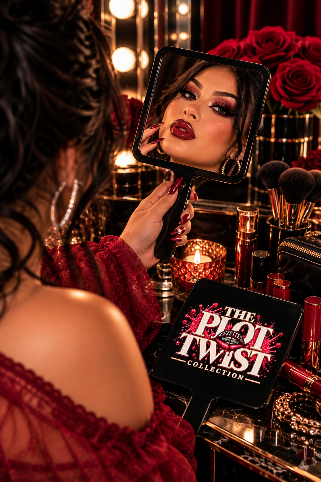 Lezette's Beauty World handheld makeup mirror from The Plot Twist Collection with a sleek, reflective surface and stylish design.