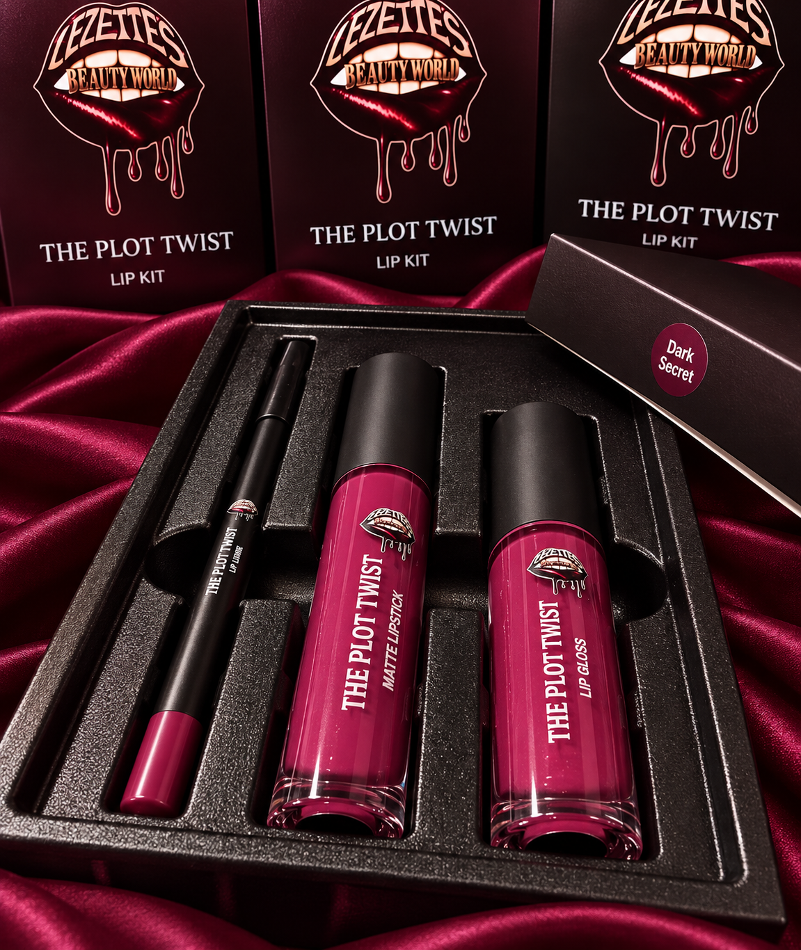 Lezette’s Beauty World lip kit with three shades, featuring sleek packaging and swatches of vibrant lipstick colors.