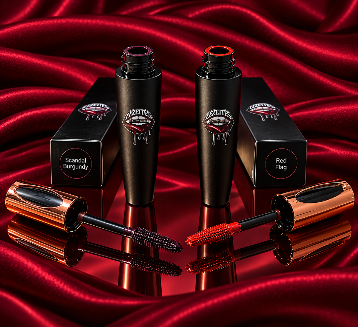 LEZETTE'S BEAUTY WORLD LLC Plot Twist Double Trouble Mascara Duo with volumizing and lengthening black mascaras on a white background.