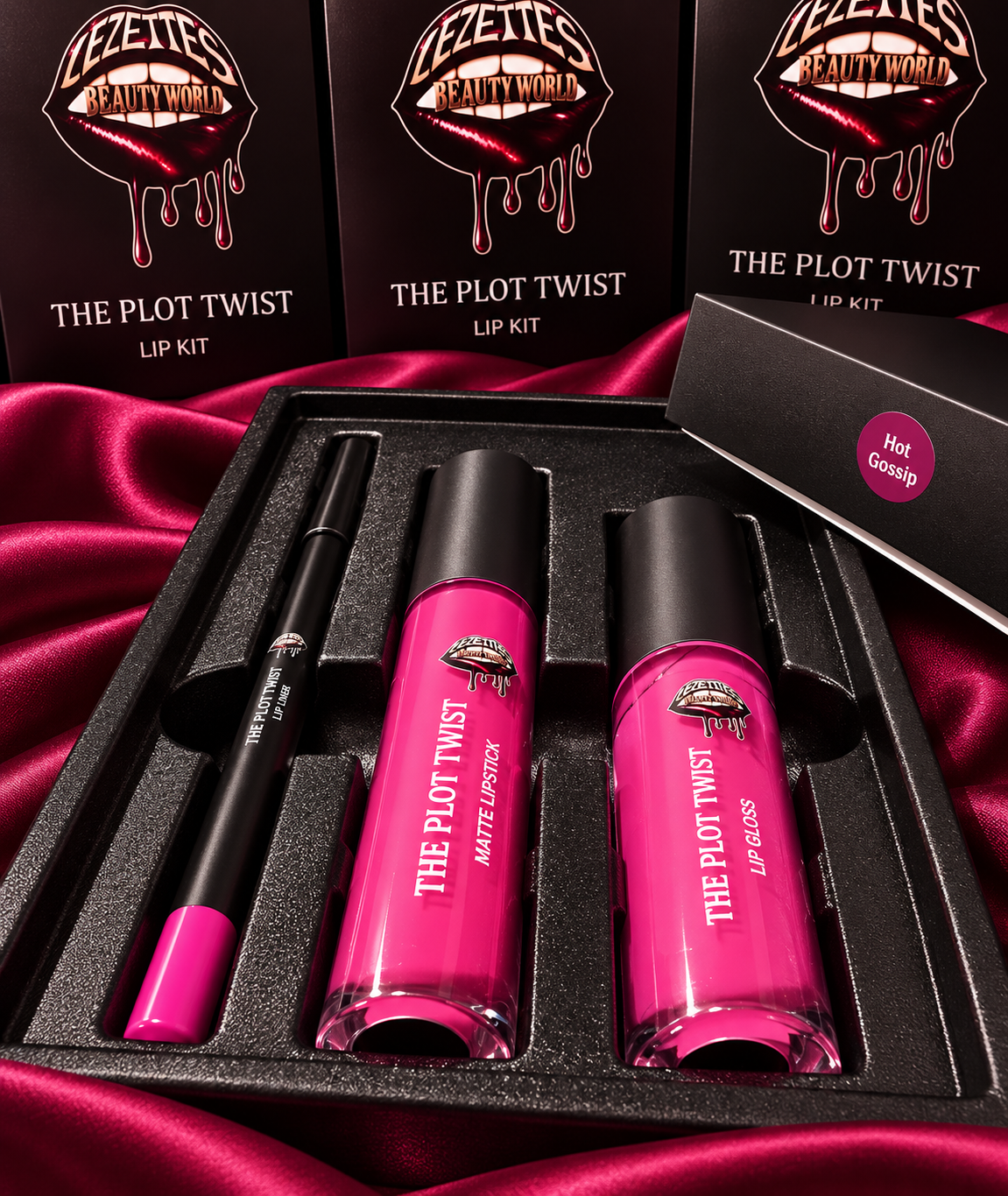 Lezette’s Beauty World Plot Twist 3-Piece Lip Kit with three lipstick shades and matching lip liners, vibrant and stylish makeup set.